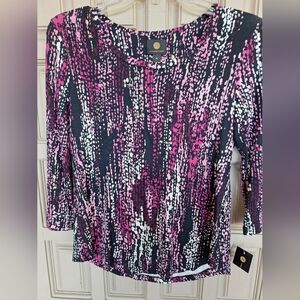 JM Collection SzS 3/4Sleeve Round Neck Curved Hem Pnk/Blk Abstract NWT
